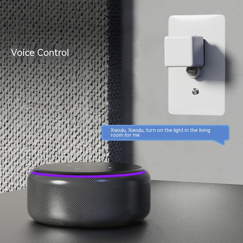 ARG Tx Shop smart Bluetooth finger robot attached to a wall switch, controlled by a voice assistant device.