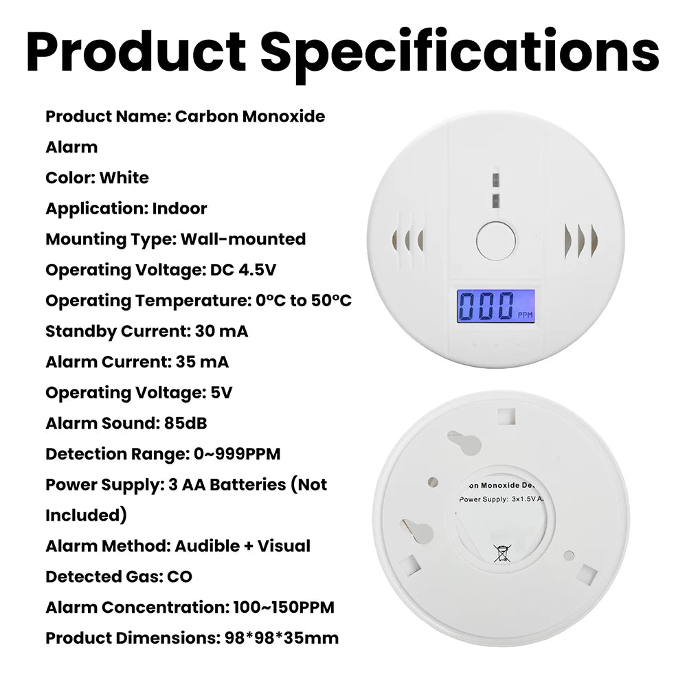 Carbon Monoxide Detector — LCD Display Alarm, Battery Operated