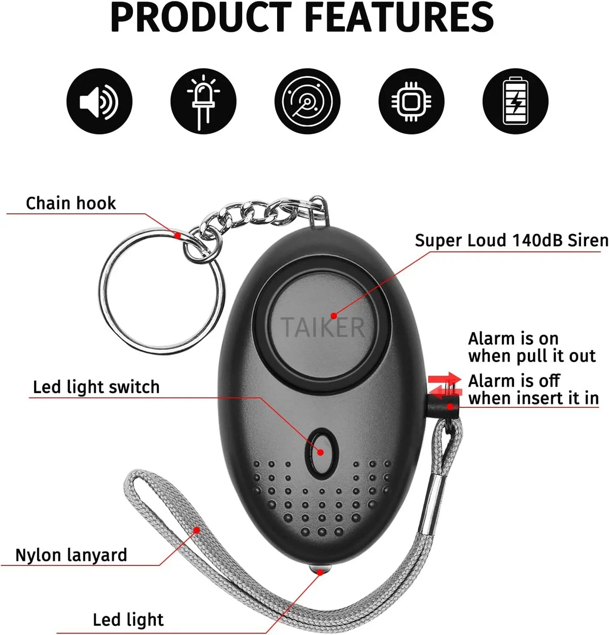 140dB Personal Safety Alarm Keychain — Emergency SOS Siren with LED Light