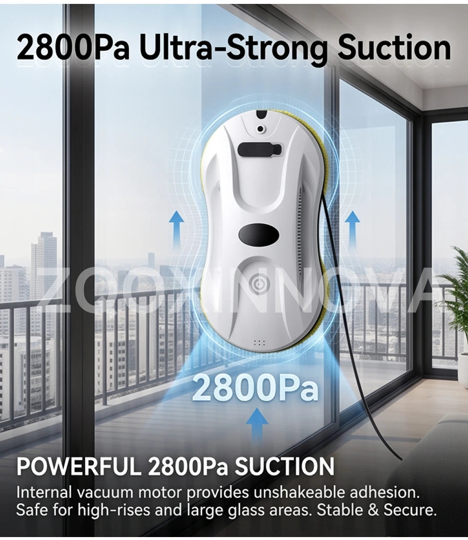 Robot Window Cleaner — 2800Pa Suction, Dual-Side Water Spray, Smart Path Planning