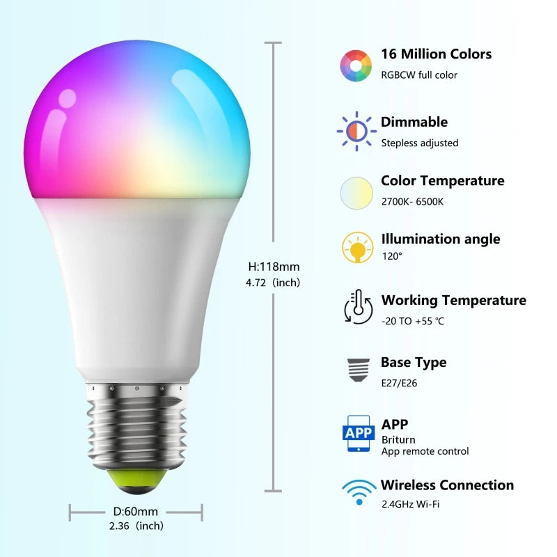 Smart Color-Changing LED Bulb – WiFi + Bluetooth, 16 Million Colors, Music Sync