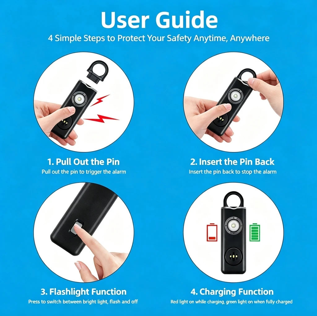 130dB Rechargeable Personal Safety Siren — Strobe Light & Keychain Alarm