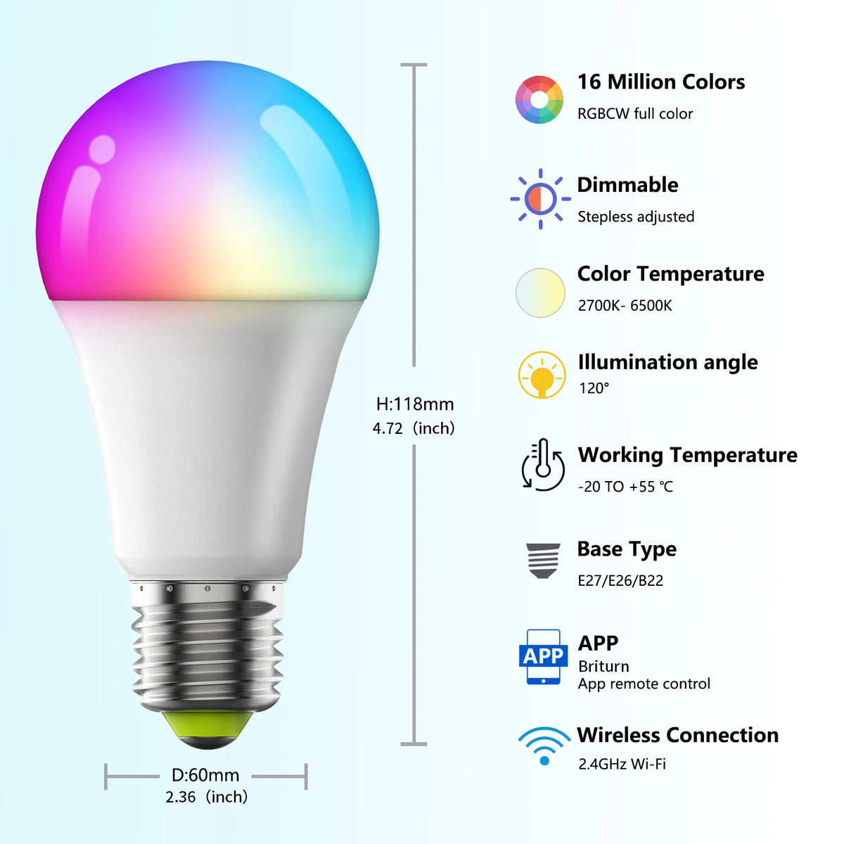 Smart Color-Changing LED Bulb – WiFi + Bluetooth, 16 Million Colors, Music Sync