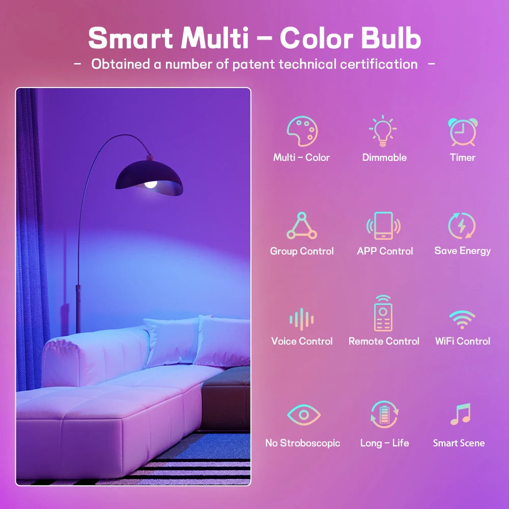 Smart Color-Changing LED Bulb – WiFi + Bluetooth, 16 Million Colors, Music Sync