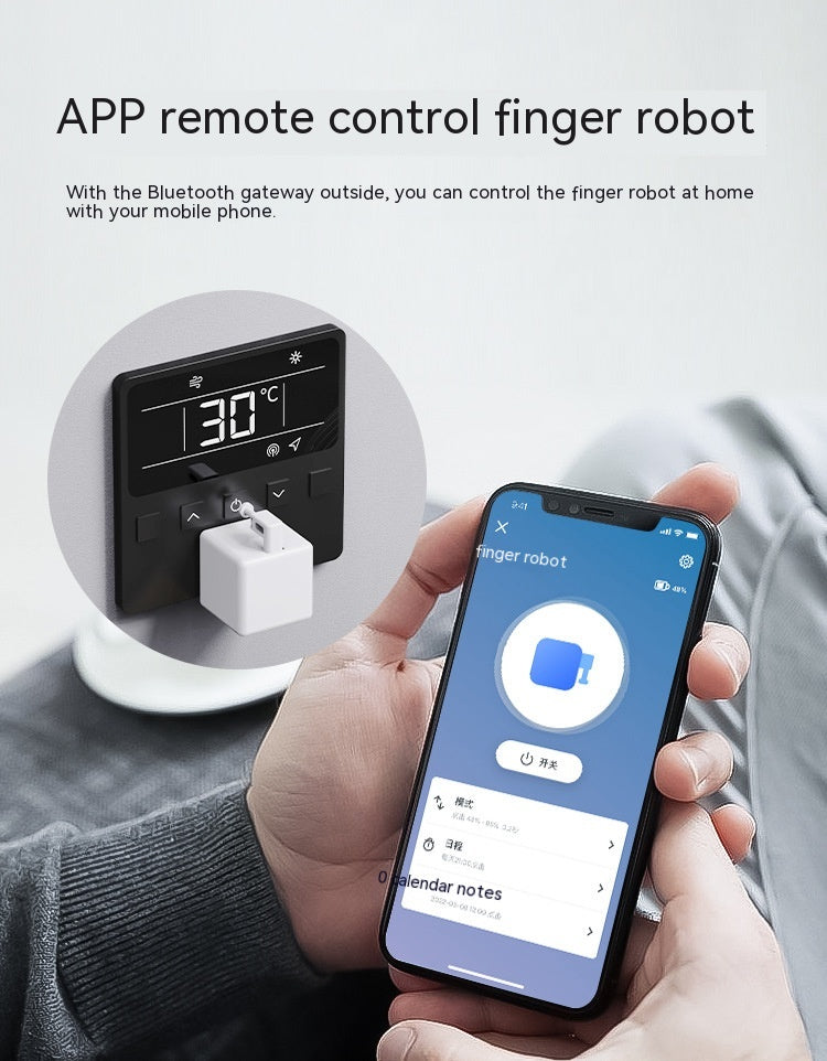 ARG Tx Shop smart Bluetooth finger robot pressing a wall switch, controlled via a smartphone app interface.