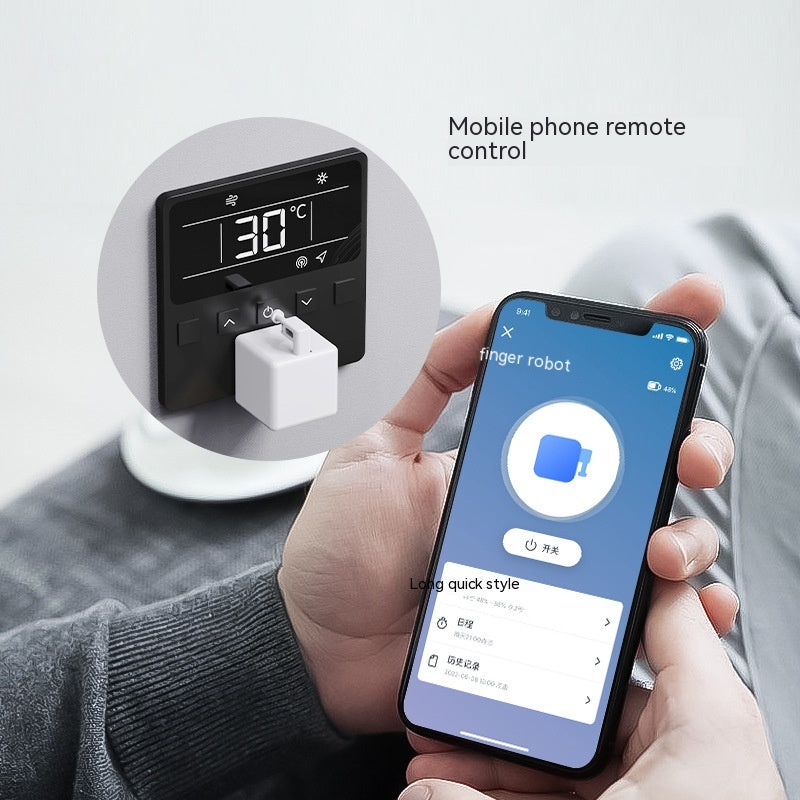ARG Tx Shop smart Bluetooth finger robot pressing a wall switch, controlled via a mobile app interface