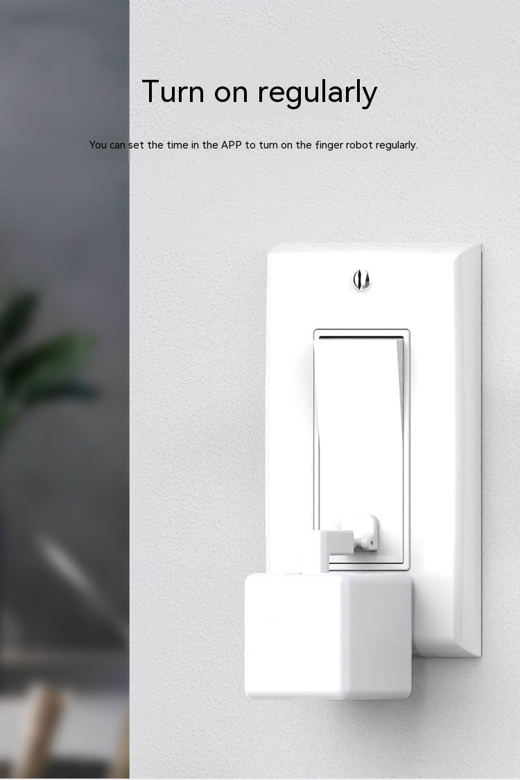 ARG Tx Shop white smart Bluetooth finger robot attached to a wall light switch for automated button pressing